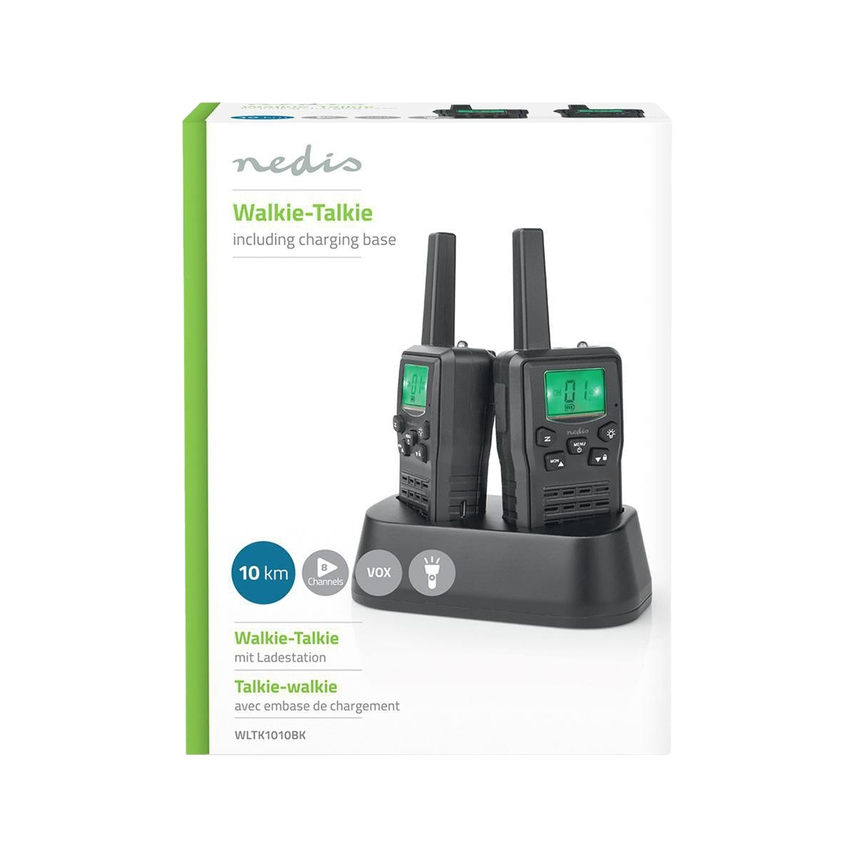 Walkie Talkie Set | 2 handsets | Up to 10 km | Frequency channels: 8 | PTT / VOX | Up to 6 hours | Charging base included | Headphone jack | Black