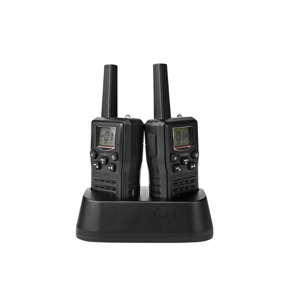 Walkie Talkie Set | 2 handsets | Up to 10 km | Frequency channels: 8 | PTT / VOX | Up to 6 hours | Charging base included | Headphone jack | Black