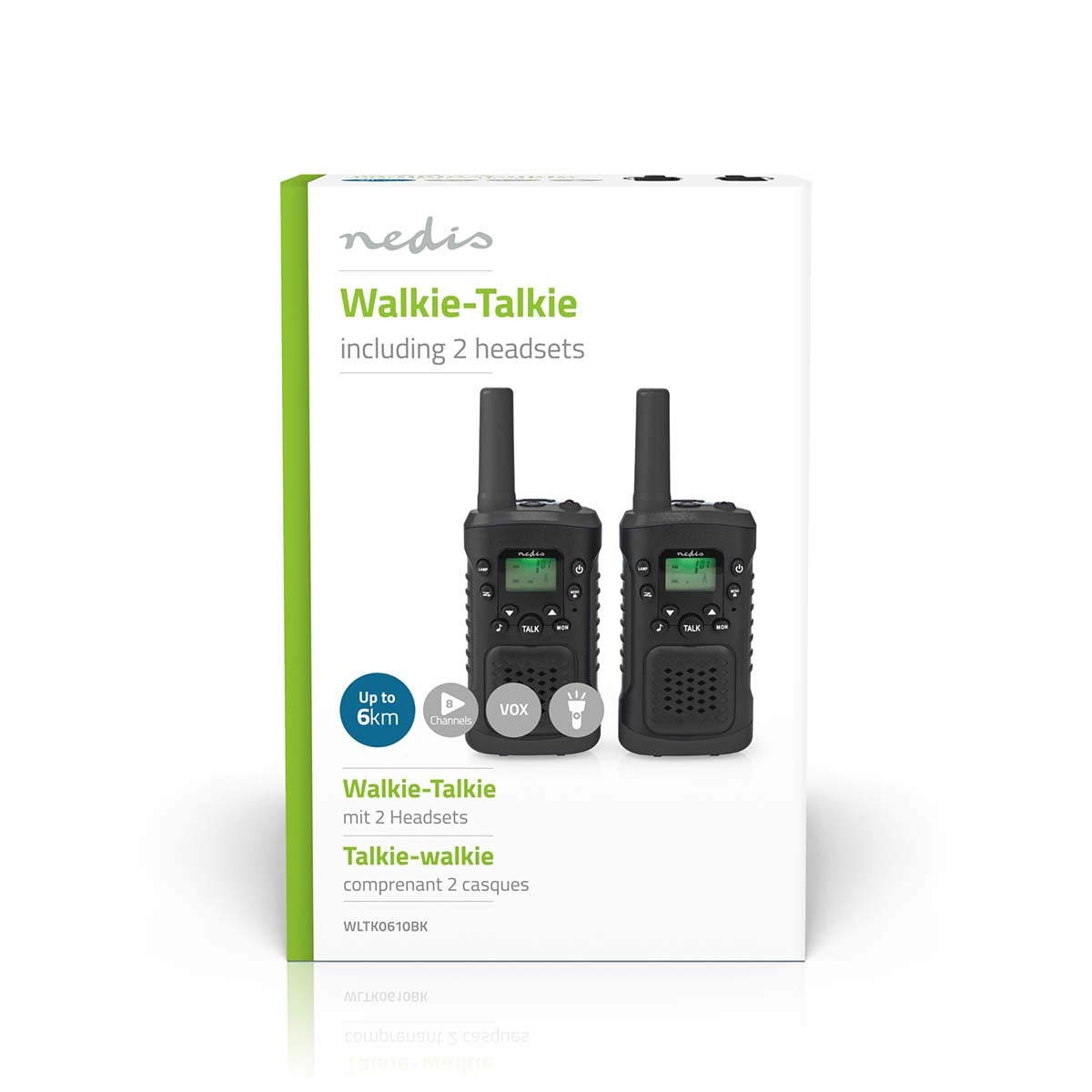 Walkie Talkie Set | 2 handsets | Up to 6 km | Frequency channels: 8 | PTT / VOX | Up to 3 hours | Headphone jack | 2 Headset | Black