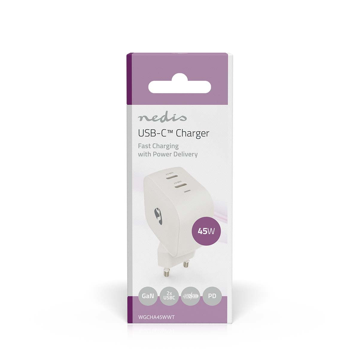 Wall Charger | 45 W | GaN | PD3.0 | Quick charge feature | 2.25 / 3.0 A | Number of outputs: 2 | 2x USB-C™ | Automatic Voltage Selection | White