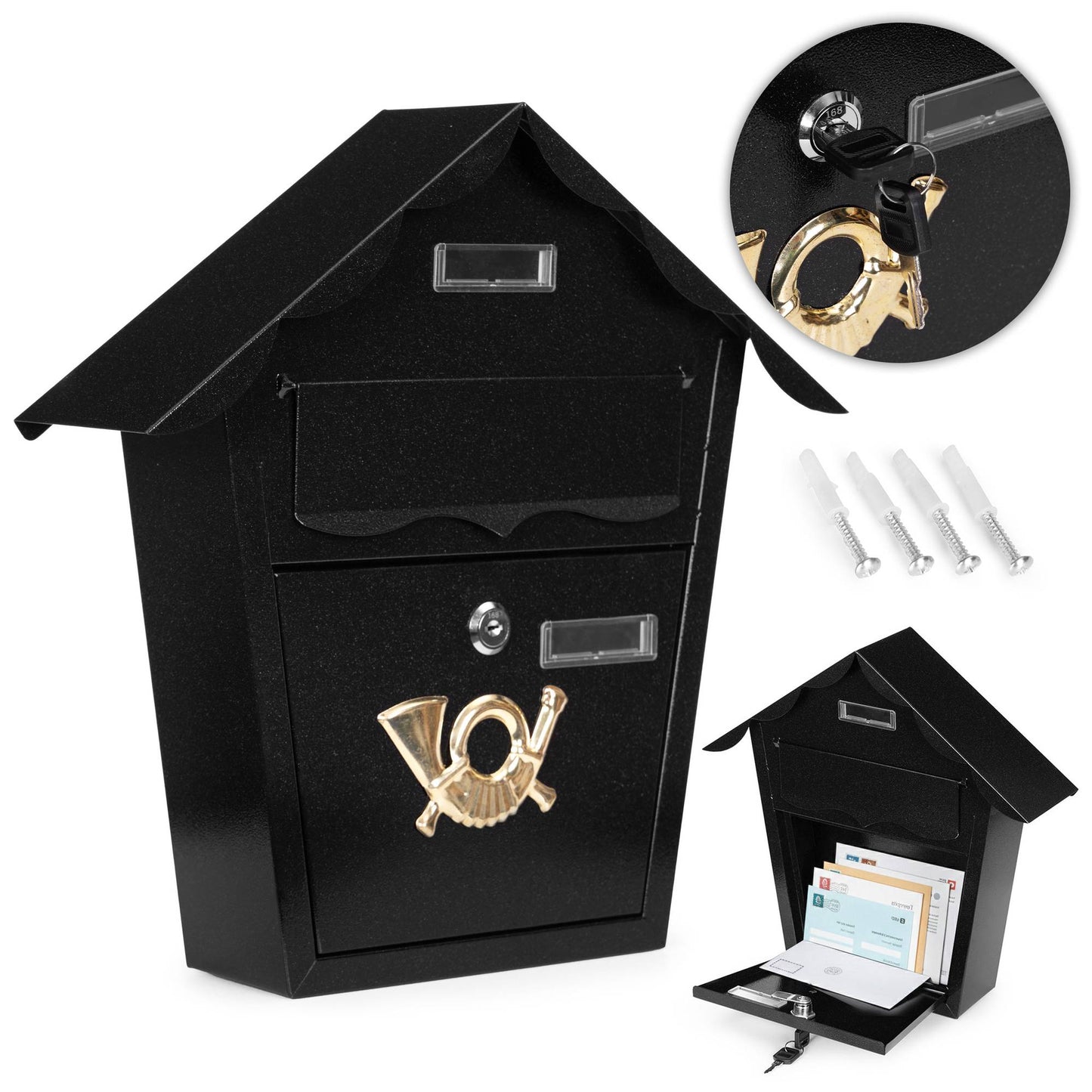 Wall-Mounted Black Steel Mailbox with Lock & Keys
