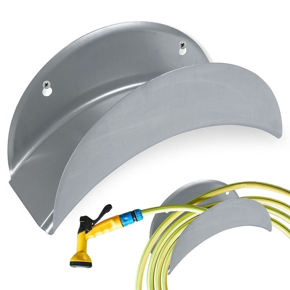 Wall bracket for garden hose in metal with mounting details
