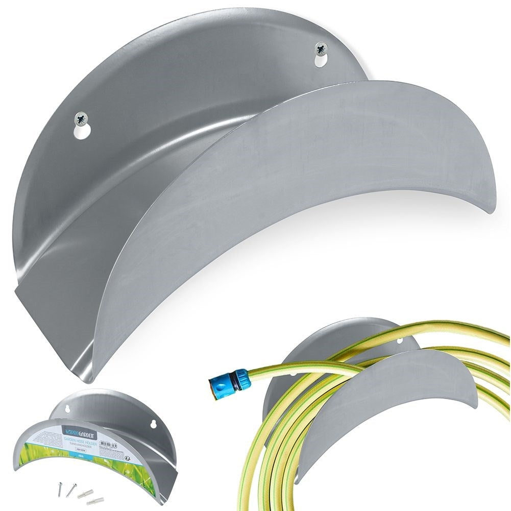 Wall bracket for garden hose in metal with mounting details