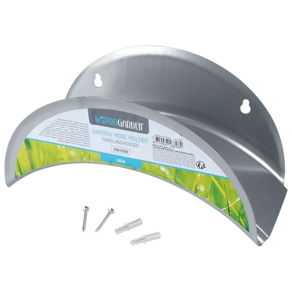 Wall bracket for garden hose in metal with mounting details