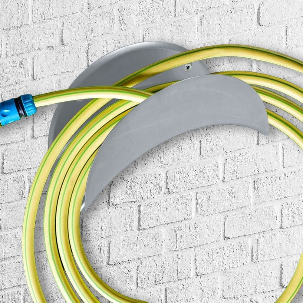 Wall bracket for garden hose in metal with mounting details
