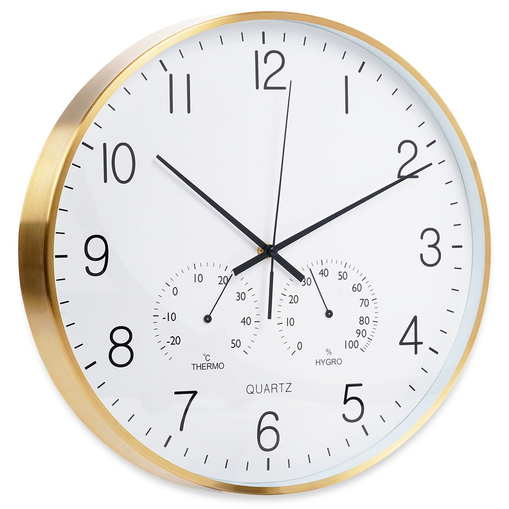Wall clock with thermometer and hygrometer white gold 38 cm