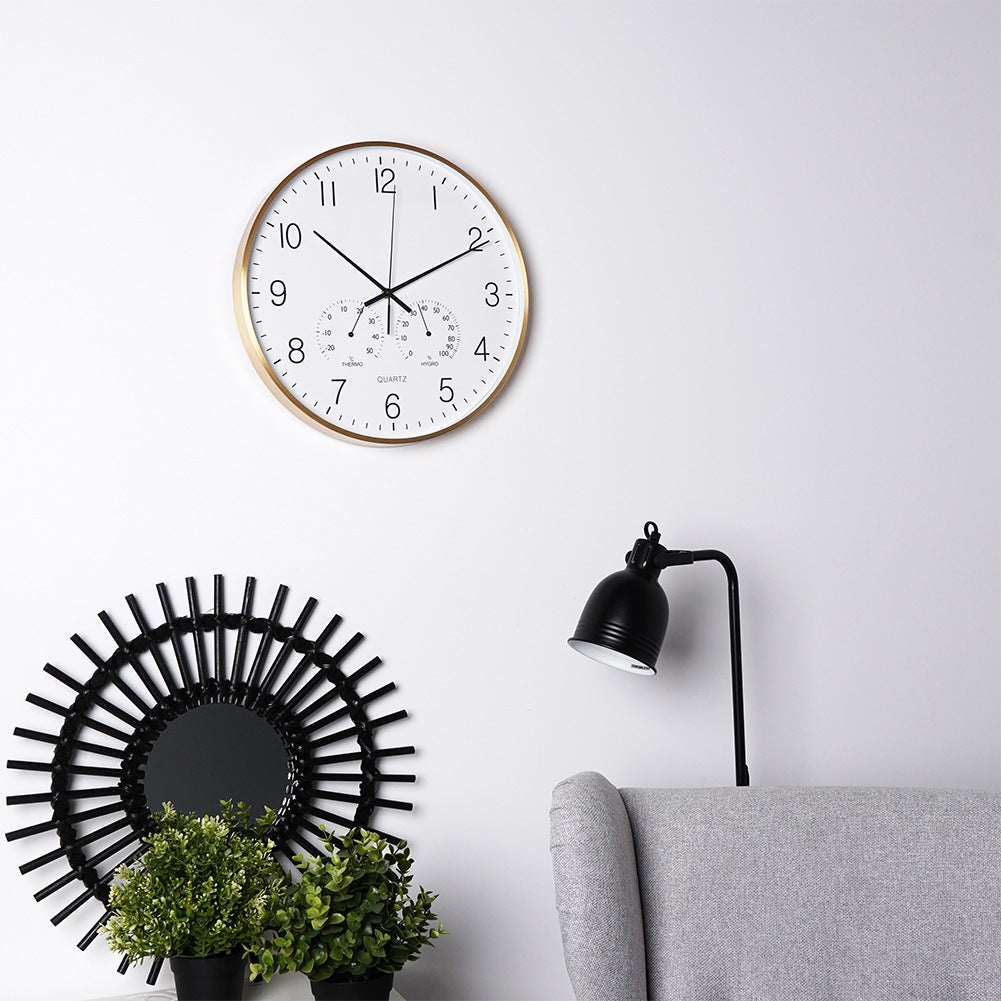 Wall clock with thermometer and hygrometer white gold 38 cm