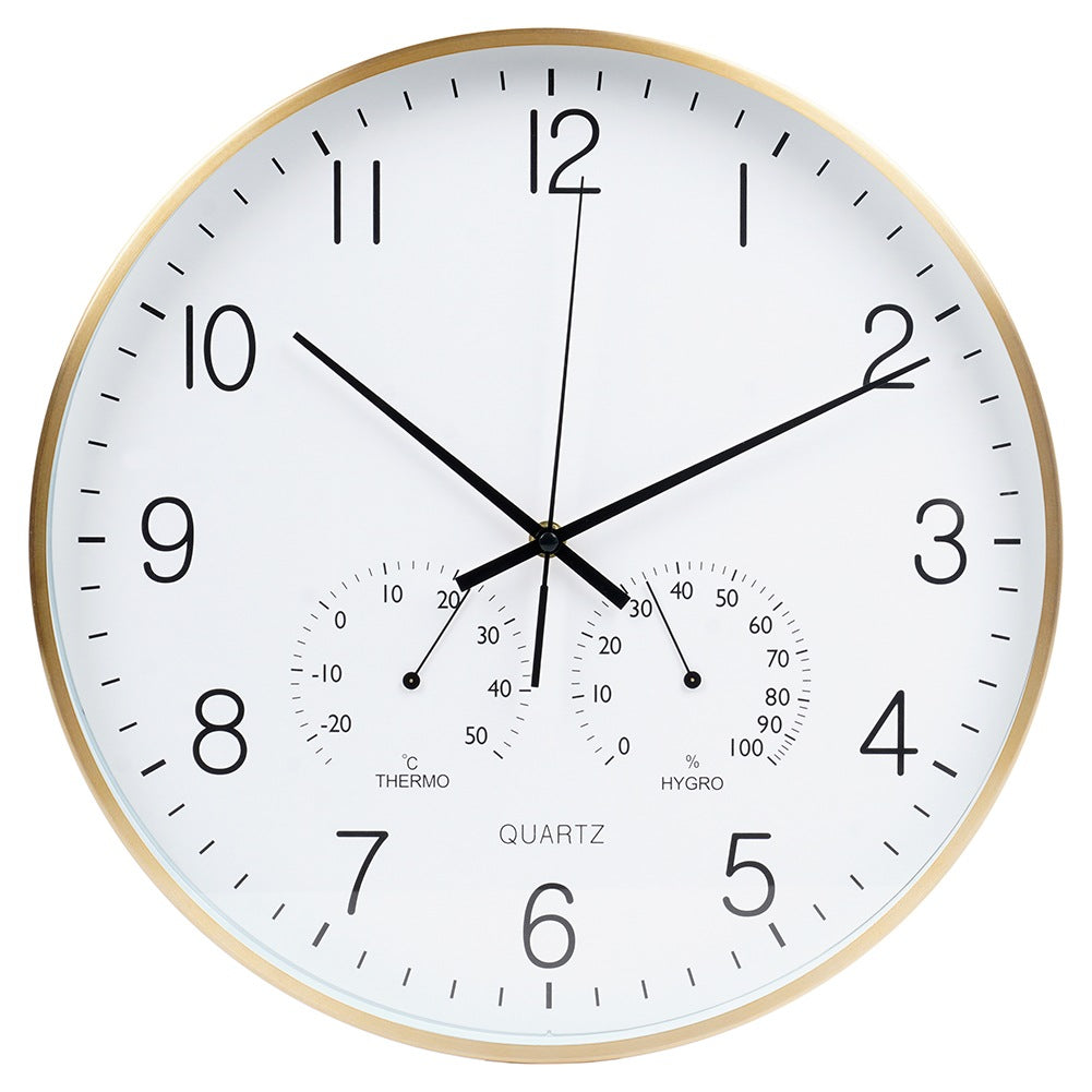 Wall clock with thermometer and hygrometer white gold 38 cm