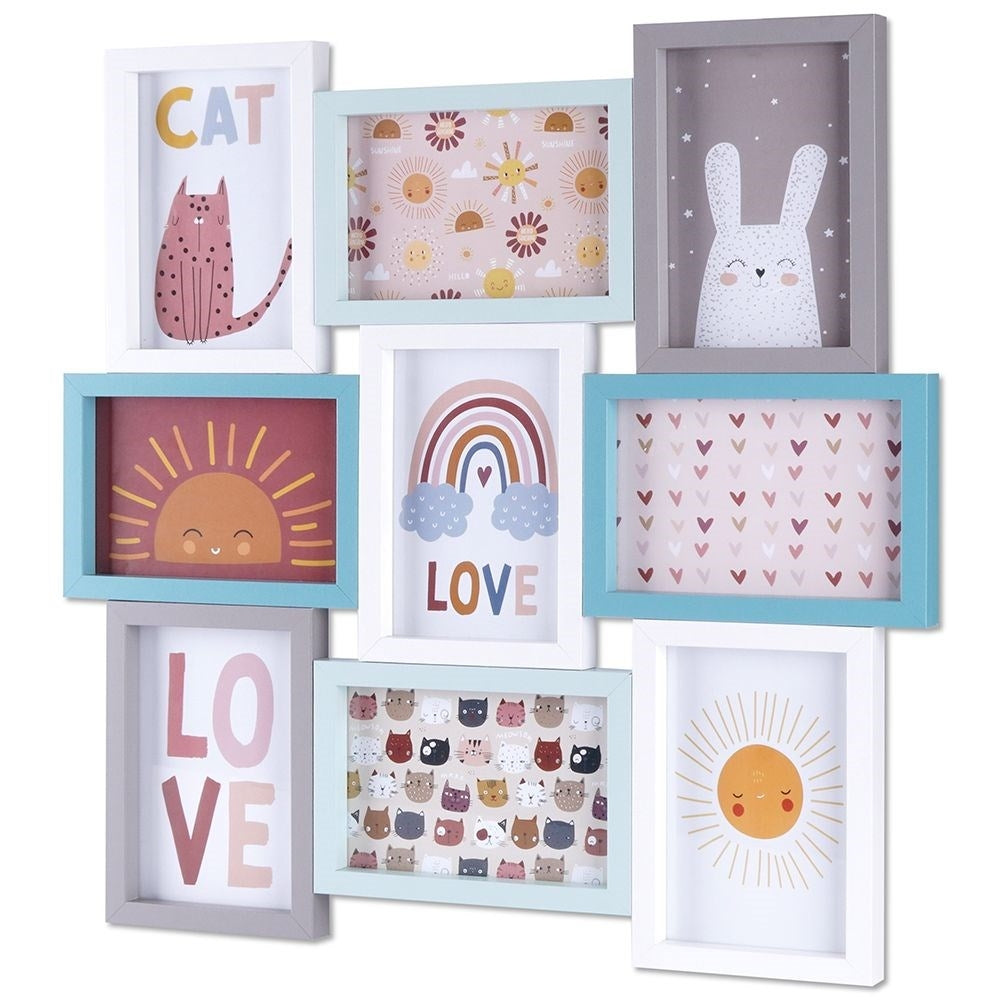 Wall collage with 9 pastel colored photo frames for children's rooms