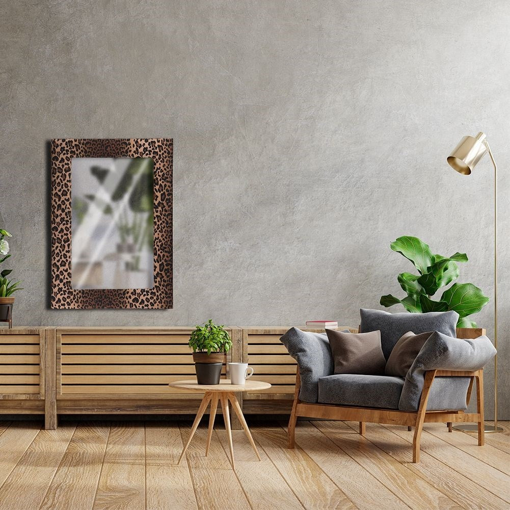 Wall mirror in wooden frame with velvet and leopard pattern