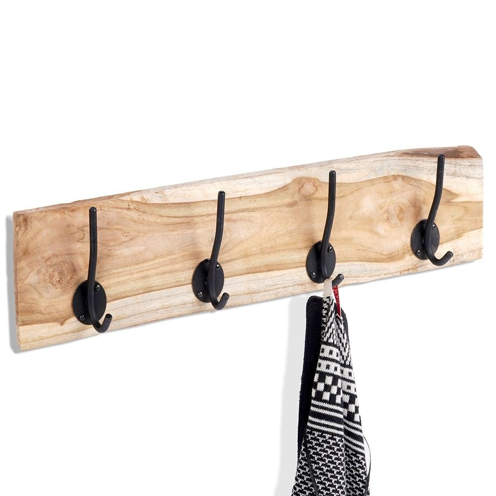 Wall-mounted Teak Clothes Hanger with Double Hooks