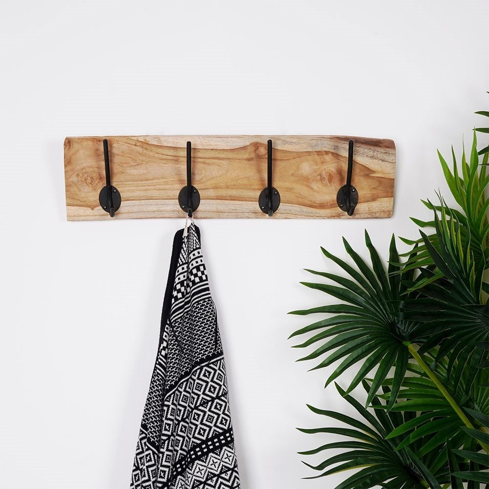 Wall-mounted Teak Clothes Hanger with Double Hooks