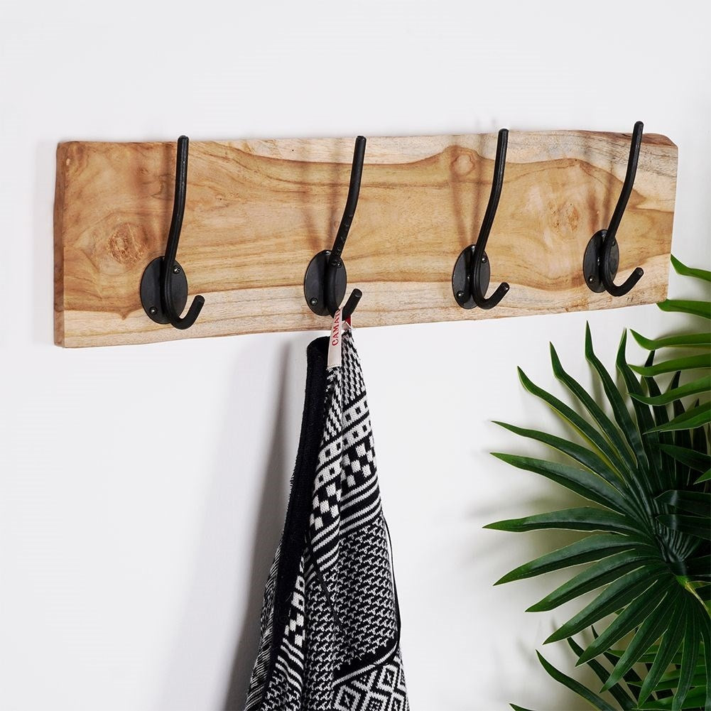 Wall-mounted Teak Clothes Hanger with Double Hooks