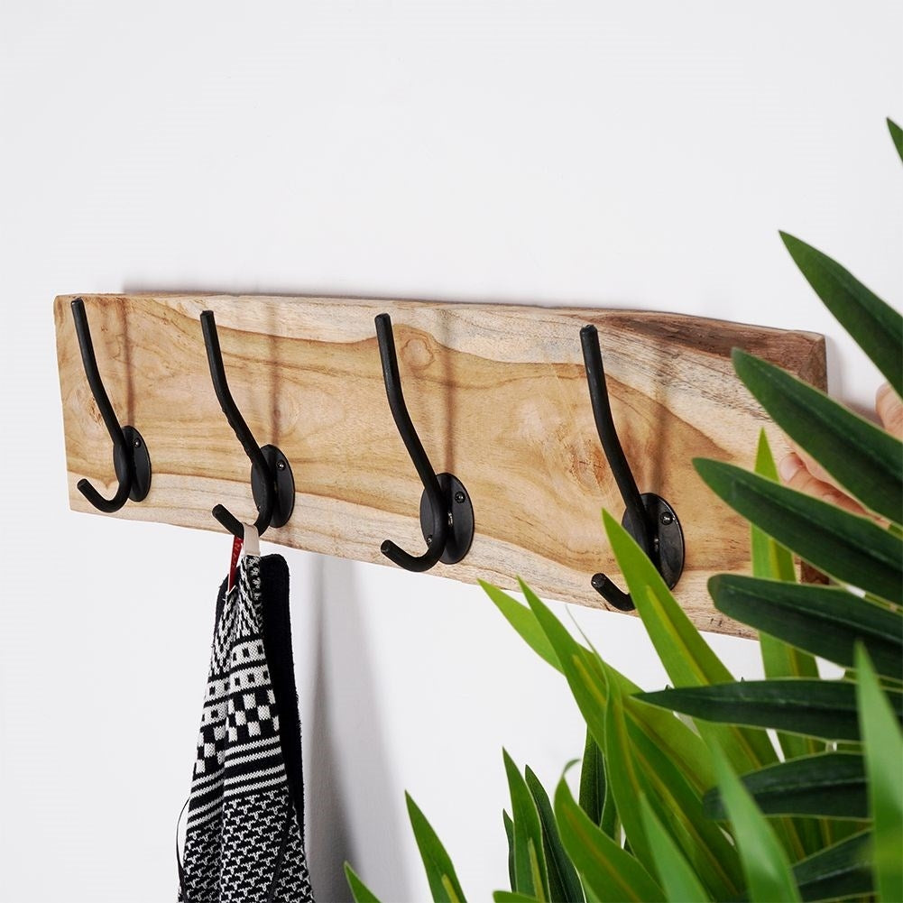 Wall-mounted Teak Clothes Hanger with Double Hooks