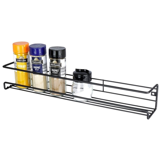Wall-mounted black metal shelf for spices and cosmetics