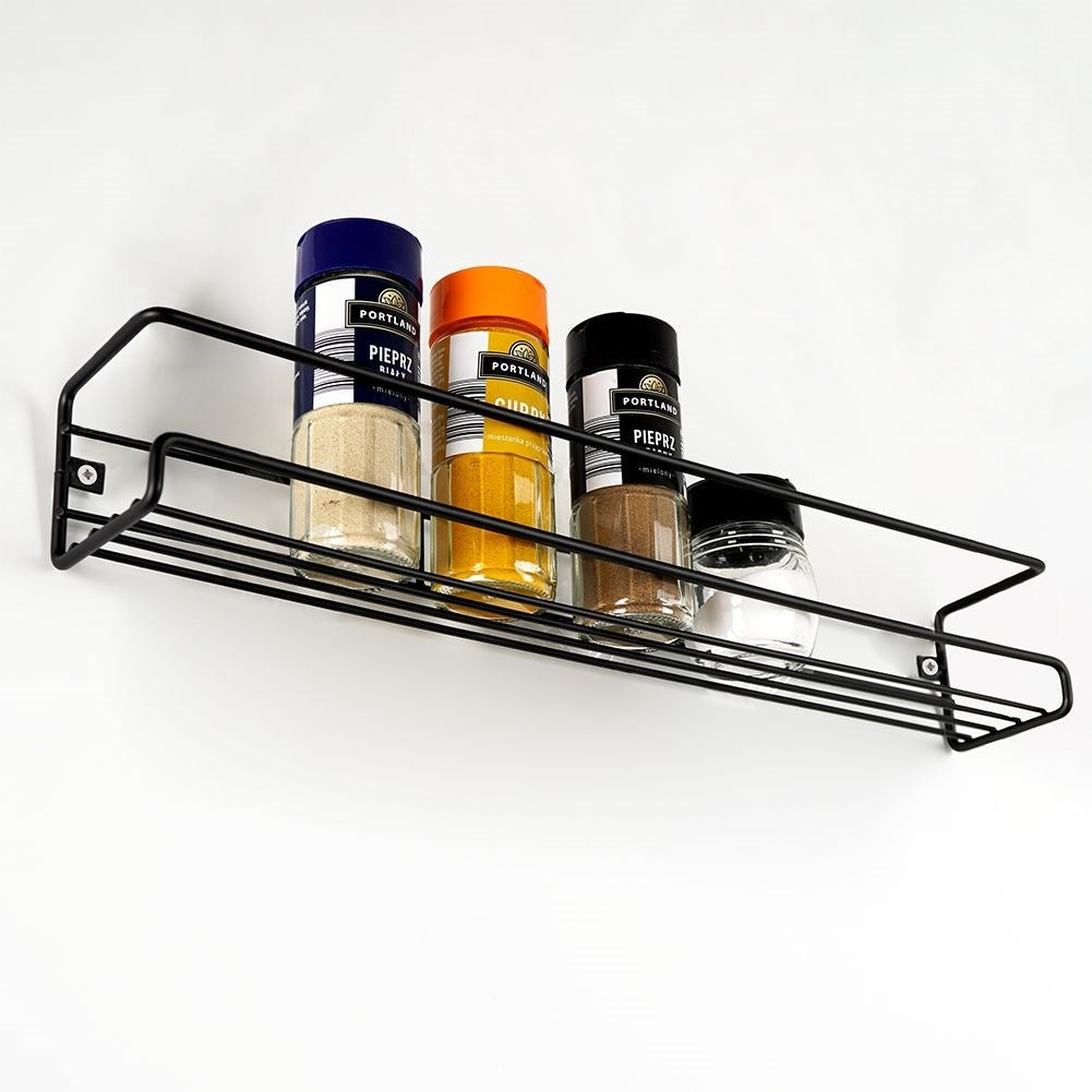 Wall-mounted black metal shelf for spices and cosmetics