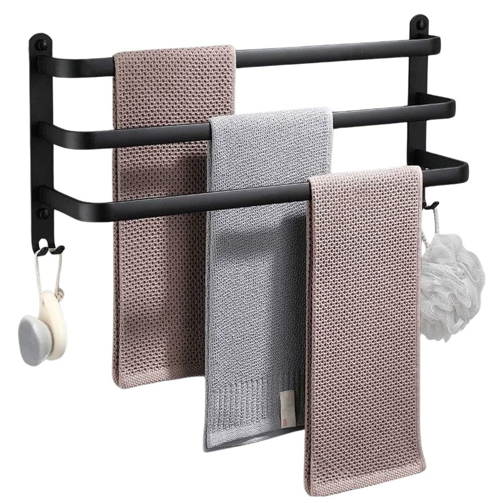 Wall-mounted towel rail with 3 bars and 4 hooks
