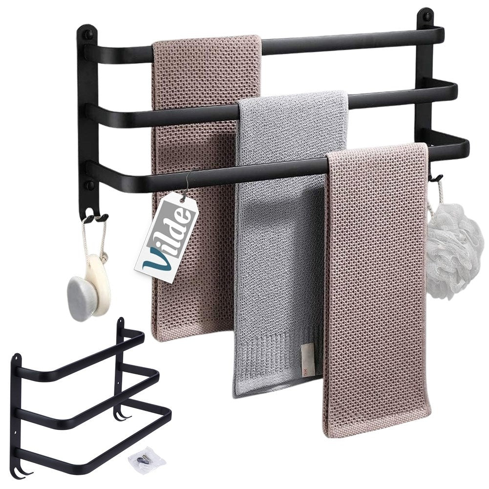 Wall-mounted towel rail with 3 bars and 4 hooks