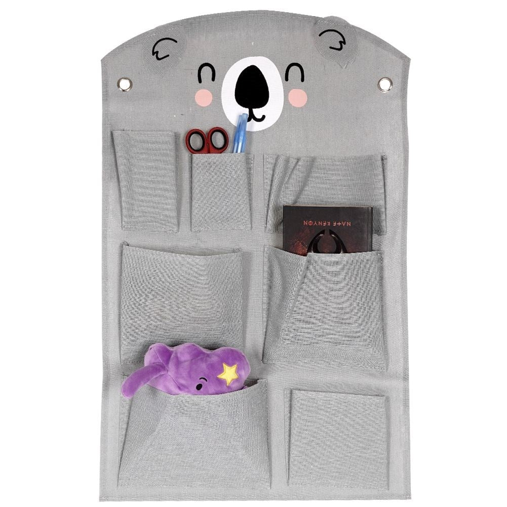 Wall organizer with koala motif and seven pockets for children