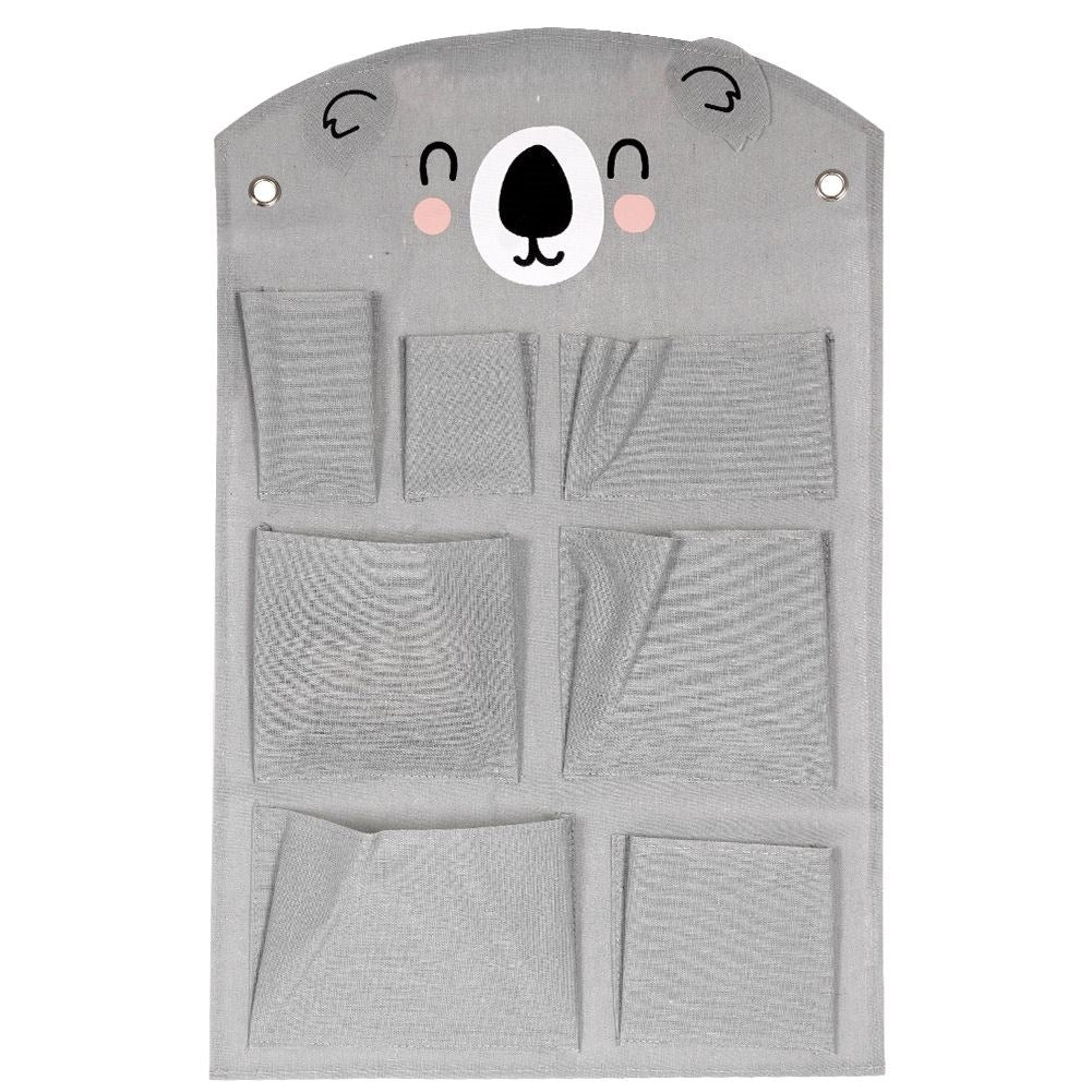 Wall organizer with koala motif and seven pockets for children