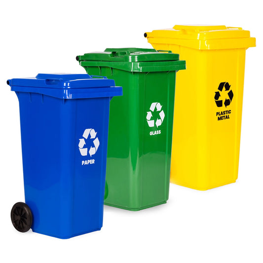 Waste Bins Set, 3x120L, HDPE, Blue/Green/Yellow