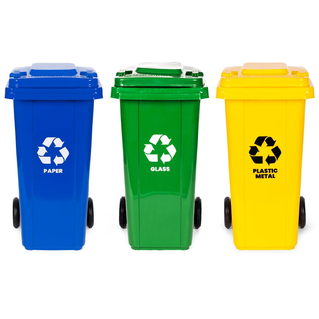 Waste Bins Set, 3x120L, HDPE, Blue/Green/Yellow