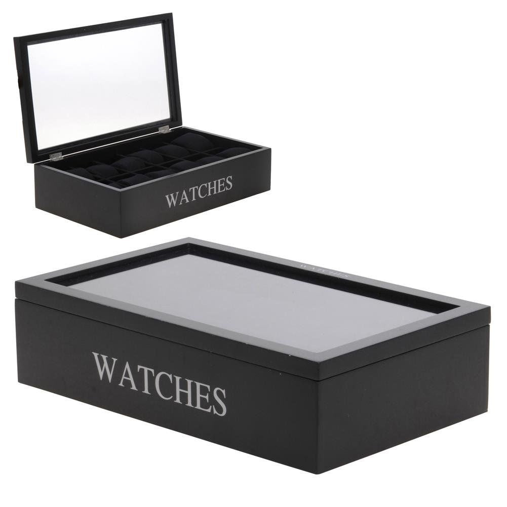 Watch storage in black with glass lid and velvet interior for 12 watches