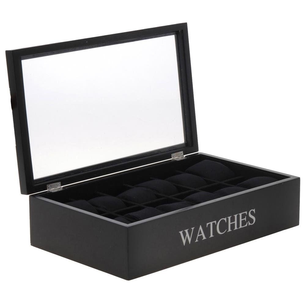 Watch storage in black with glass lid and velvet interior for 12 watches
