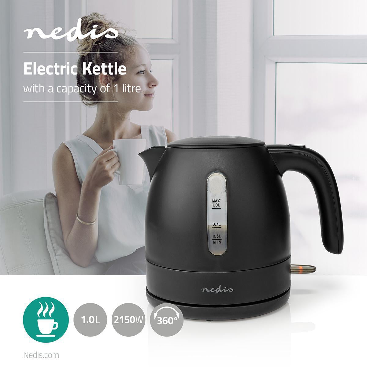 Water boiler | 1.0 l | Plastic | Black | Rotatable 360 degrees | Concealed heating element | Strix® Control | Boil-dry function