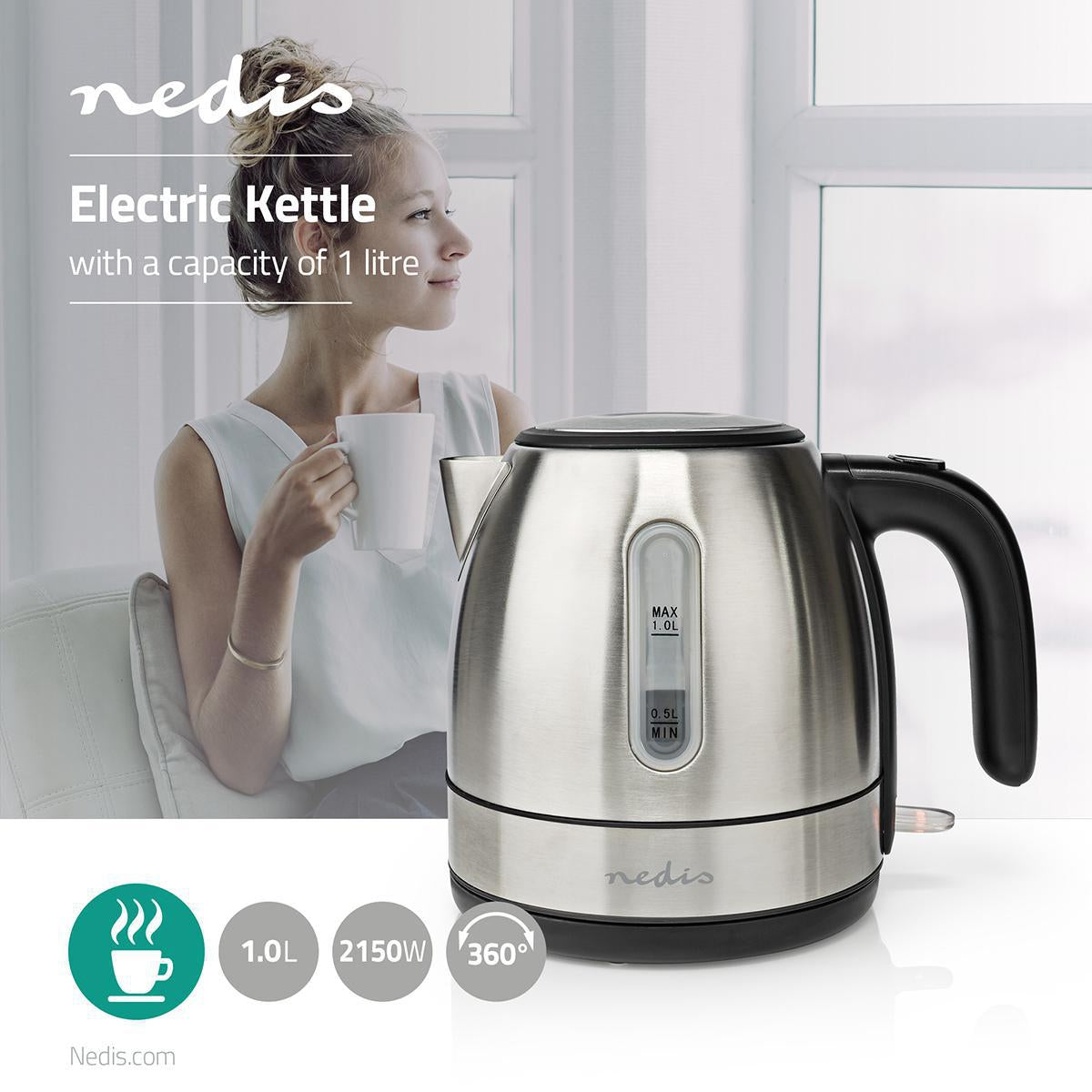 Water boiler | 1.0 l | Stainless steel | Aluminum | Rotatable 360 degrees | Concealed heating element | Strix® Control | Boil-dry function