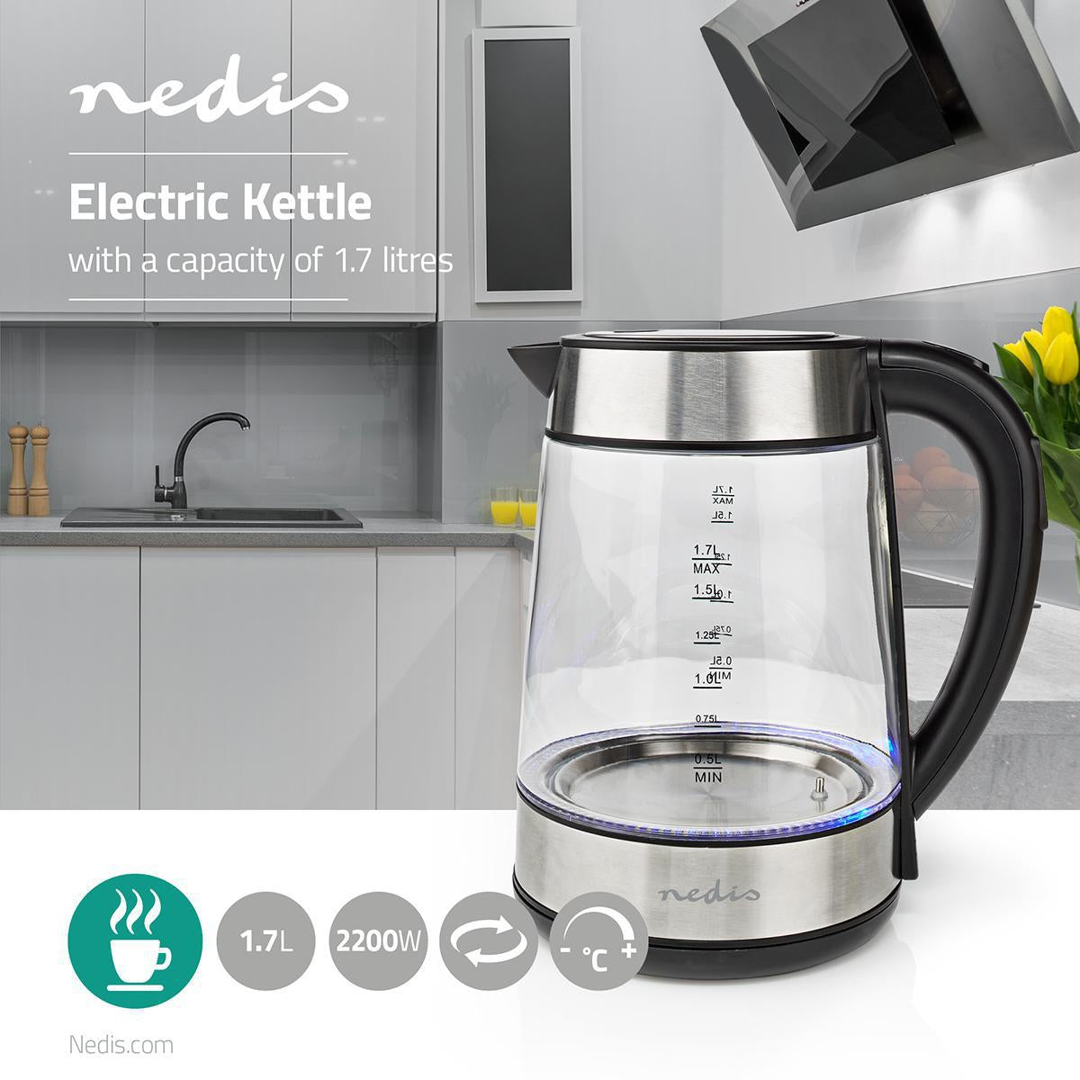 Water boiler | 1.7 l | Glass | Transparent | 60,70,80,90,100 °C | Temperature indicator | Rotatable 360 degrees | Concealed heating element | Strix® Control | Boil-dry function