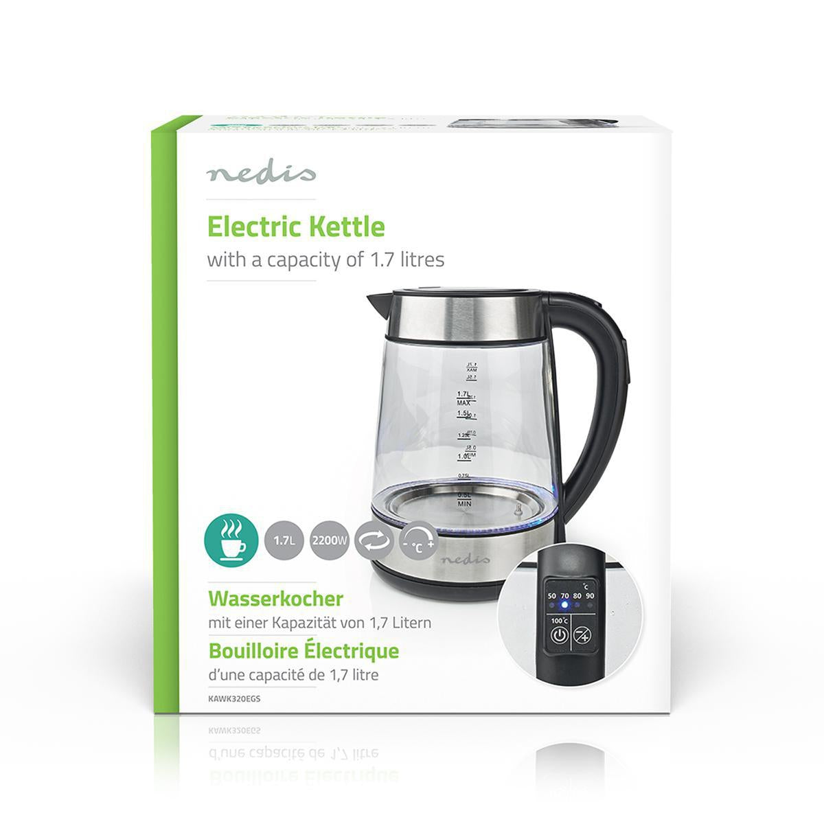 Water boiler | 1.7 l | Glass | Transparent | 60,70,80,90,100 °C | Temperature indicator | Rotatable 360 degrees | Concealed heating element | Strix® Control | Boil-dry function