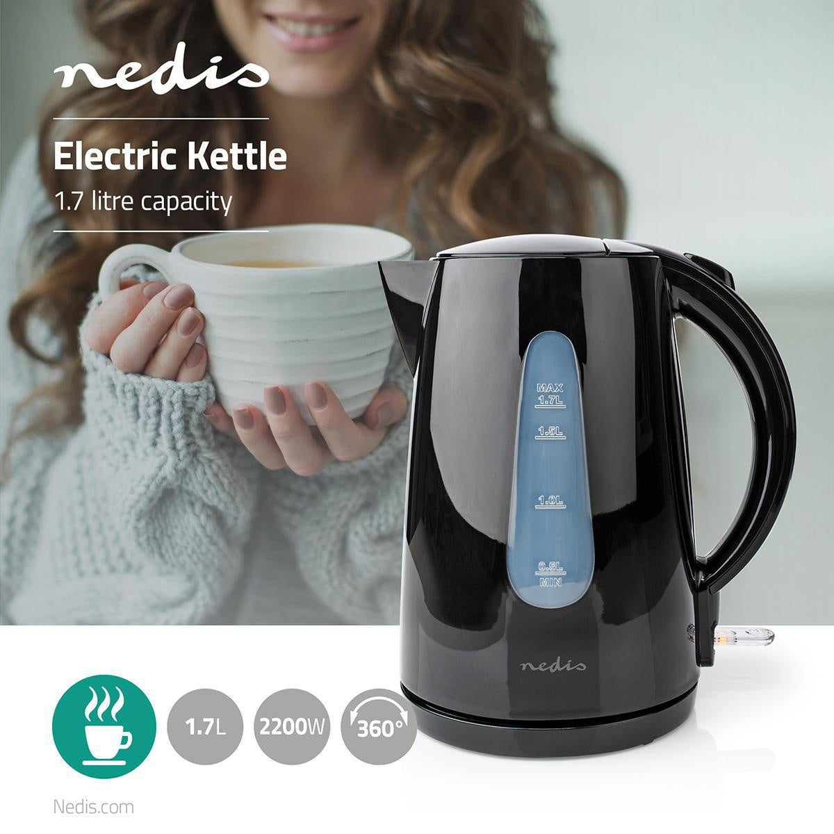 Water boiler | 1.7 l | Plastic | Black | Rotatable 360 degrees | Concealed heating element | Strix® Control | Boil-dry function