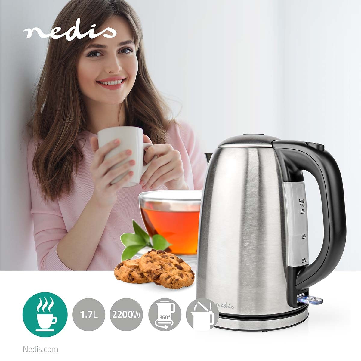Water boiler | 1.7 l | Stainless steel | Silver / Black | Rotatable 360 degrees | Concealed heating element | Strix® Control | Boil-dry function