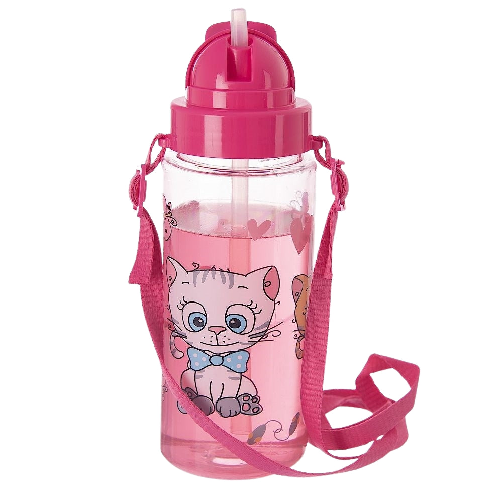 Water bottle with straw, tight-fitting lid and carrying strap