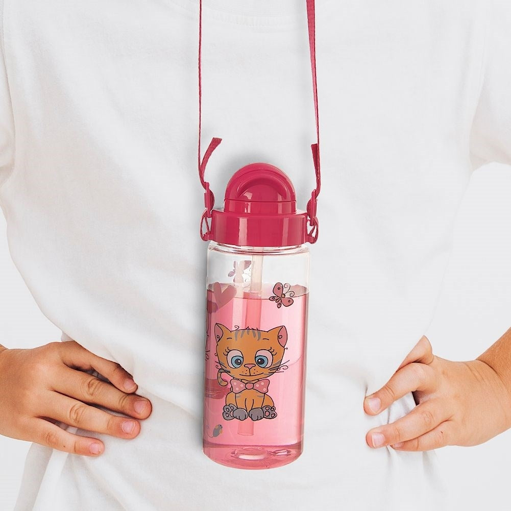 Water bottle with straw, tight-fitting lid and carrying strap