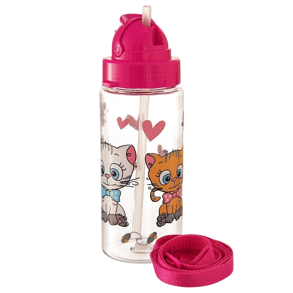 Water bottle with straw, tight-fitting lid and carrying strap