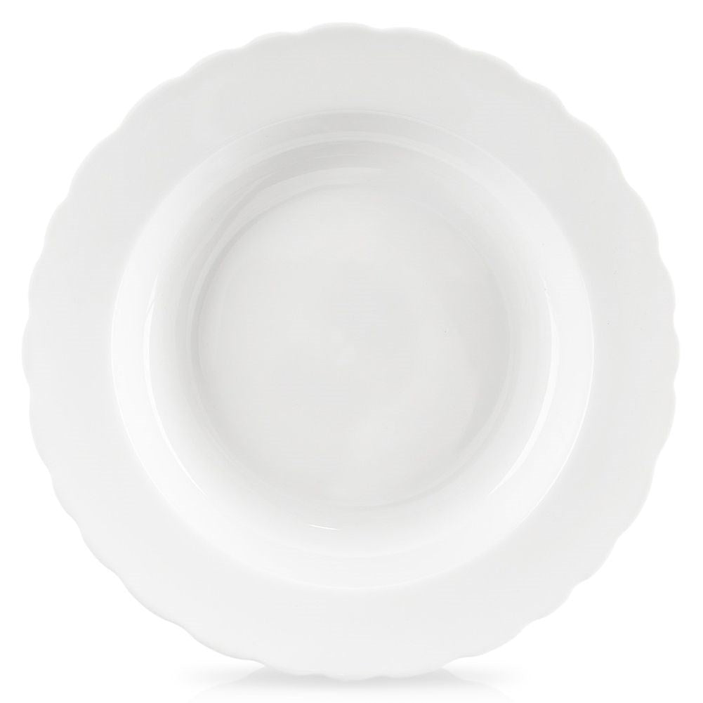 Wavy-edged deep porcelain bowl, white, for soups, dishwasher safe