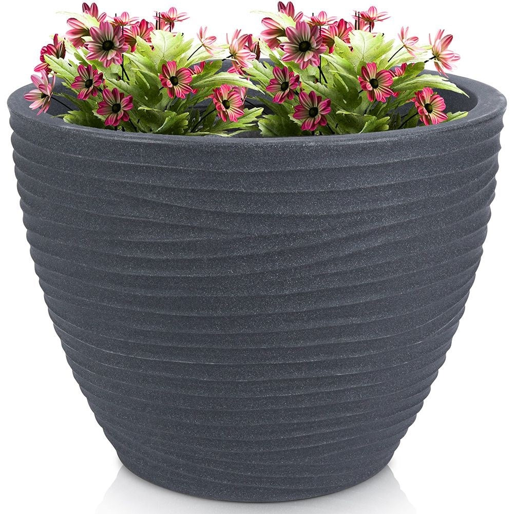 Weather-resistant graphite colored plastic flowerpot with pattern