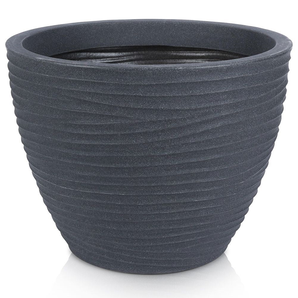 Weather-resistant graphite colored plastic flowerpot with pattern