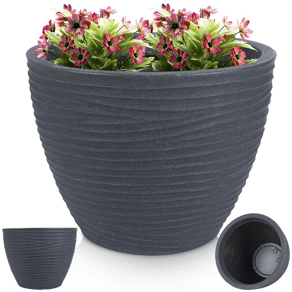 Weather-resistant graphite colored plastic flowerpot with pattern