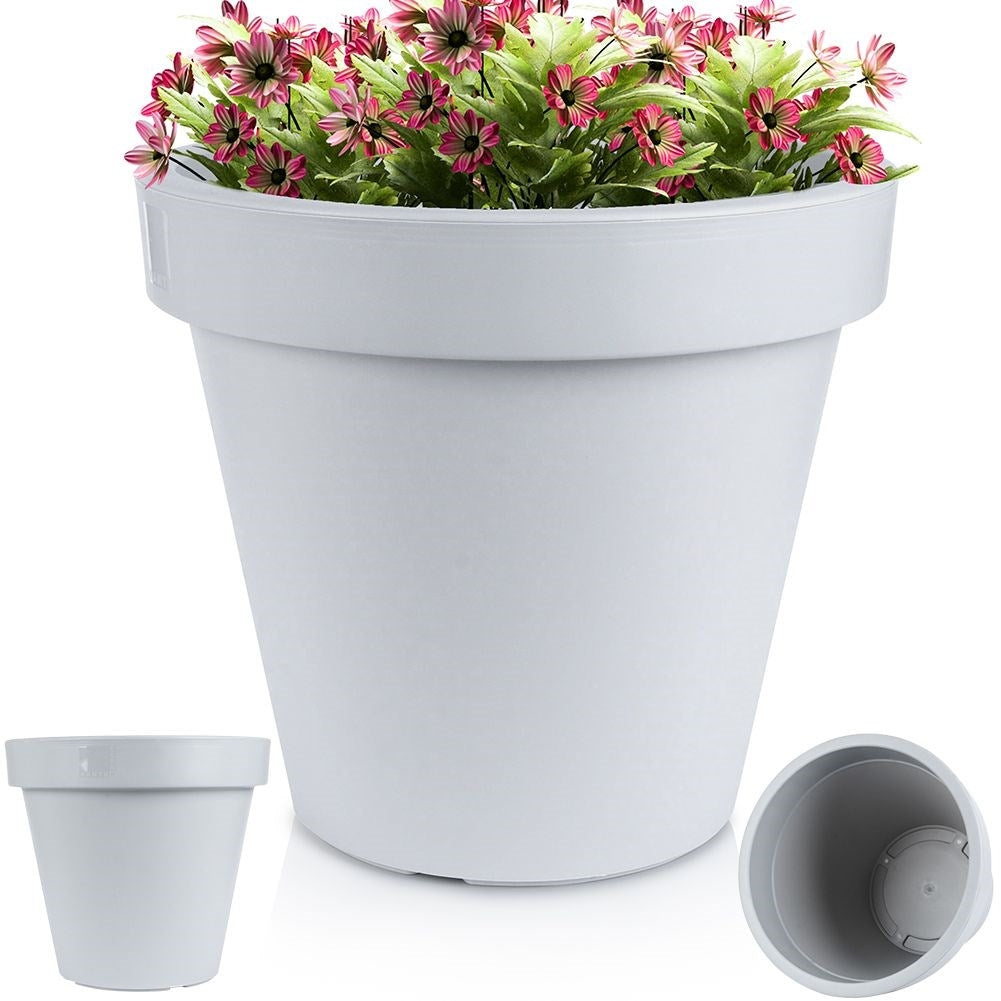 Weather-resistant light gray plastic pot for garden and terrace