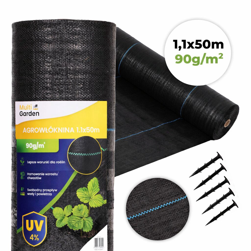 Weed Control Fabric, UV-Resistant, 1.1x50m, 90g/m², Pins Included