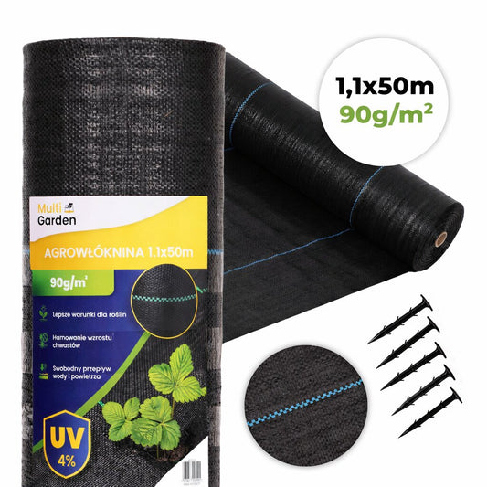 Weed Control Fabric, UV-Resistant, 1.1x50m, 90g/m², Pins Included