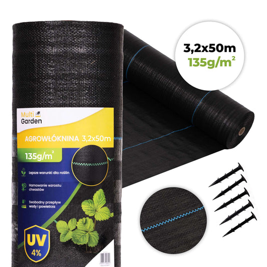 Weed Control Fabric, UV-Resistant, 135 g/m², 3.2×50 m, Pins Included