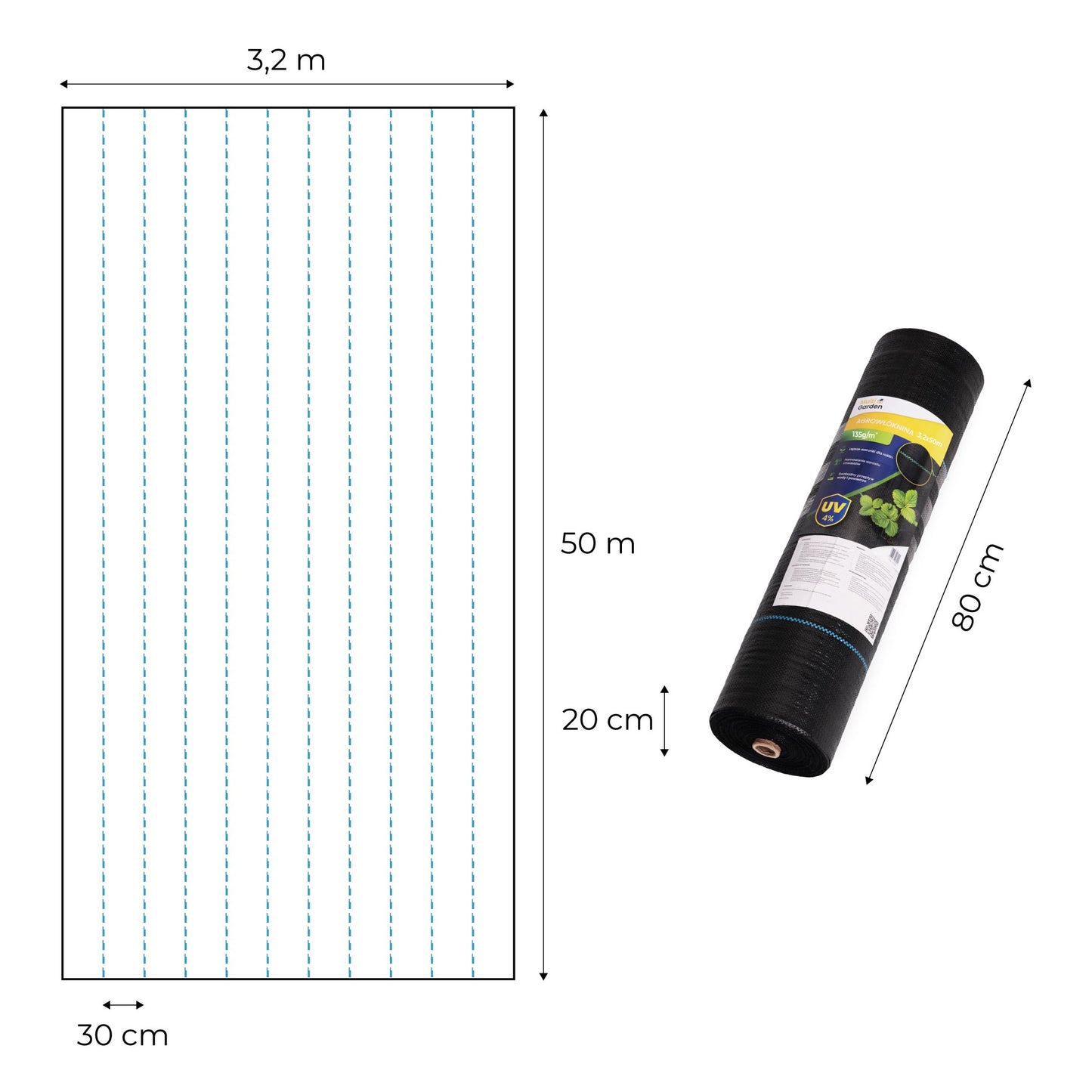 Weed Control Fabric, UV-Resistant, 135 g/m², 3.2×50 m, Pins Included