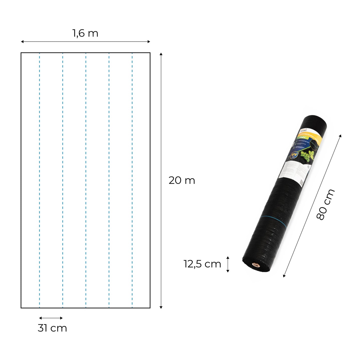 Weed Control Mat, Black UV-Resistant, 1.6×20 m, 150 g/m²