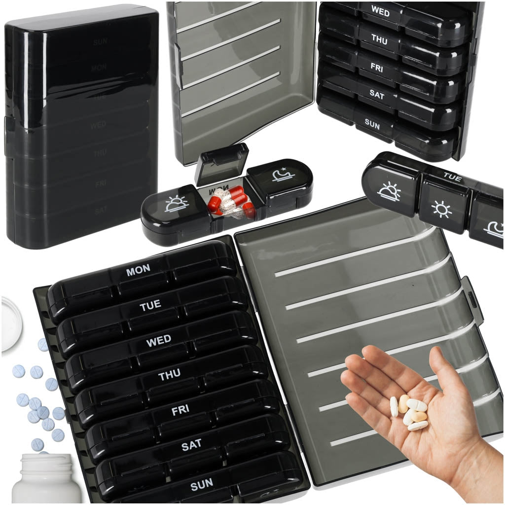 Weekly Pill Organizer, Black, 7-Day Removable Compartments
