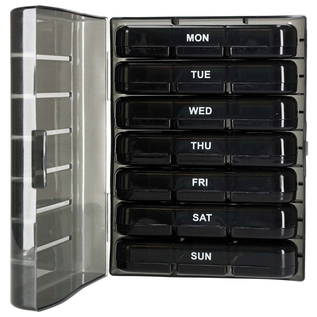 Weekly Pill Organizer, Black, 7-Day Removable Compartments