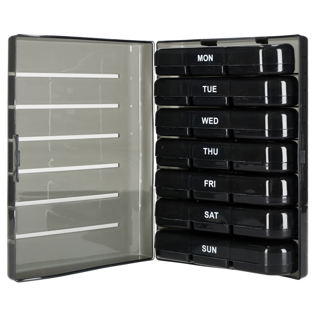 Weekly Pill Organizer, Black, 7-Day Removable Compartments